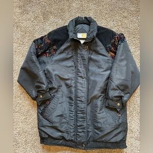 Vintage CURRENT SEEN Black Quilted Winter Coat with floral detail 90s vibes L